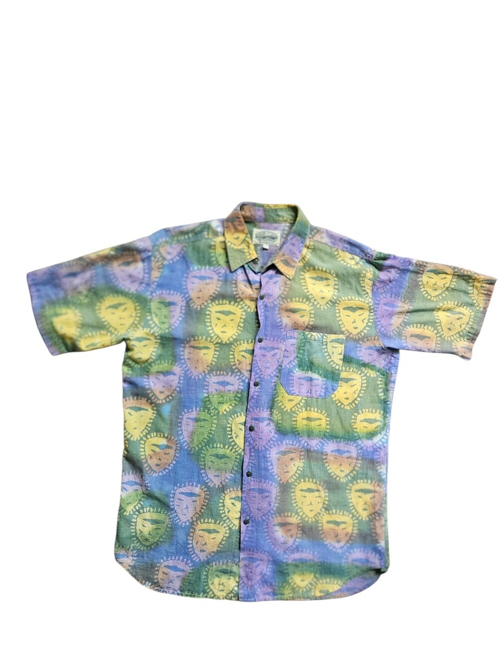 BRITCHES Sun Mask Print Tie Dye Button Down Short Sleeve Shirt | SZ L